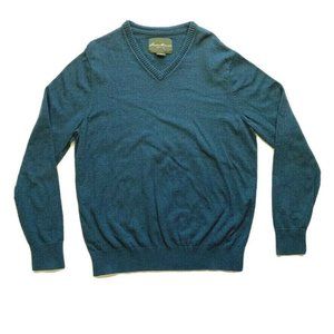 Eddie‎ Bauer Cotton Cashmere Blend Sweater Pullover Ribbed V Neck Blue Tall TXL